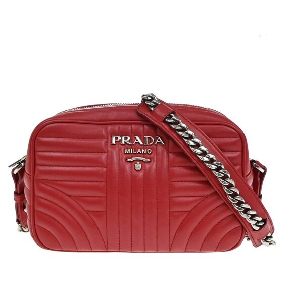 PRADA Logo Diagramme Mini Chain Shoulder Bag Leather Red SHW Italy - Picture 1 of 13